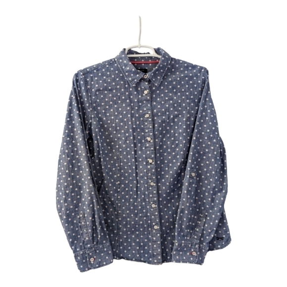 Talbot's cotton blue and white polka dot button up fitted blouse, size 12 - Picture 1 of 3
